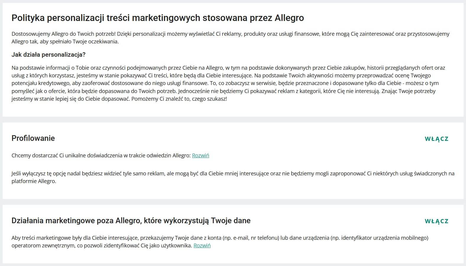 Ustawienia profilowania w Allegro