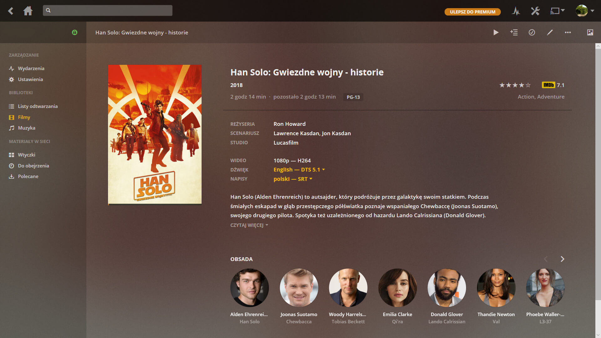 Zrzut ekranu tytułowej strony filmu w Plex Server