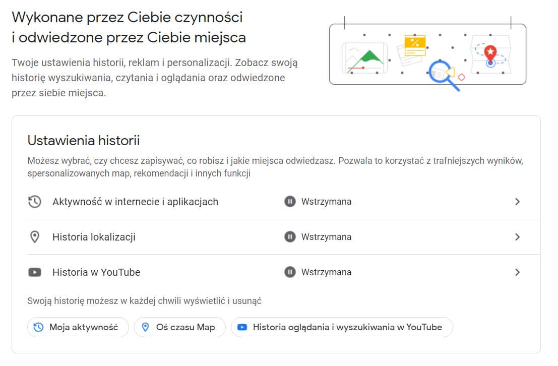 fragment strony Ustawienia Prywatności na koncie Google
